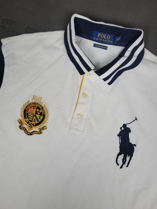 Polo Ralph Lauren Big Pony Crest Short Sleeve Shirt Mens XL White Blue Slim Fit