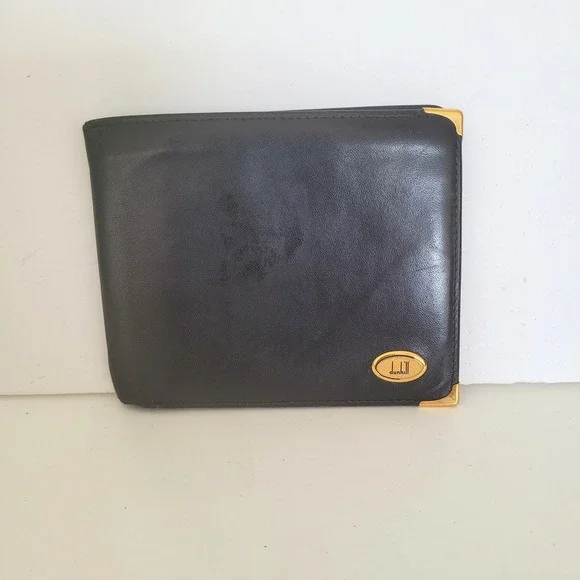 Dunhill Bifold Wallet Black Calfskin Leather Gold Corners Spain Mens Luxury