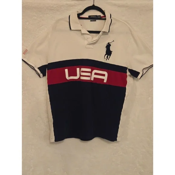 Polo Ralph Lauren Mens XL USA Big Pony Colorblock Slim Fit Polo Shirt White