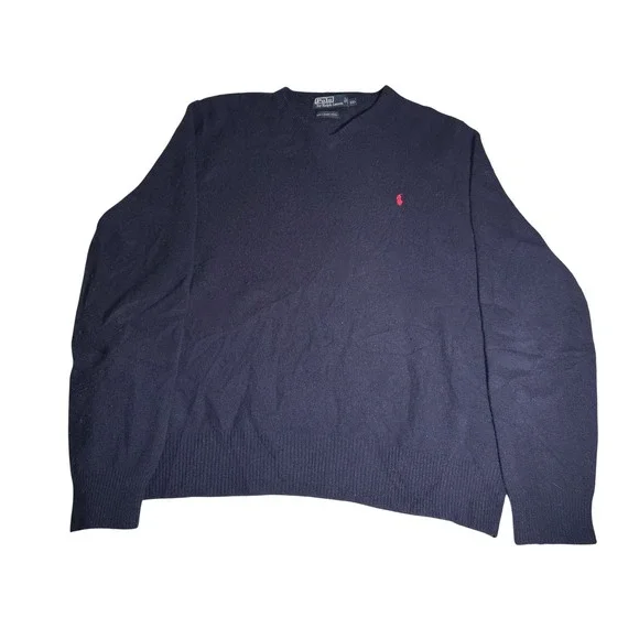 Polo Ralph Lauren Navy‎ Blue V Neck Lambswool Sweater Mens XXL Classic Preppy