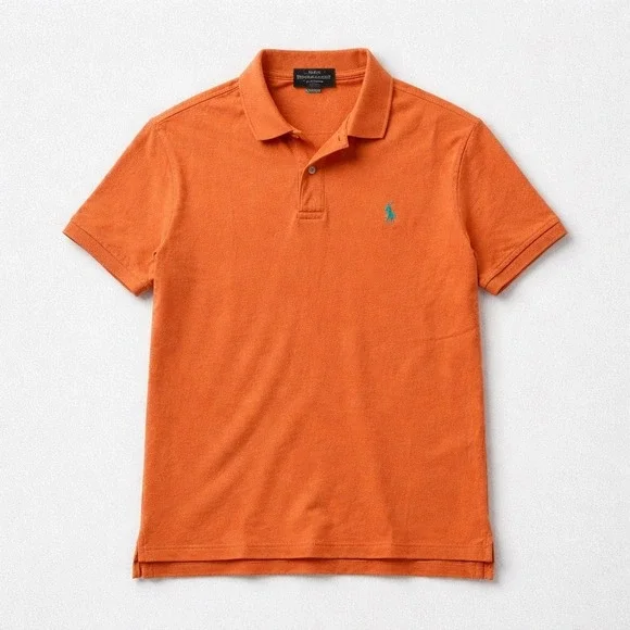 Polo Ralph Lauren Mens Custom Slim Fit Mesh Polo Shirt Orange Turquoise Medium