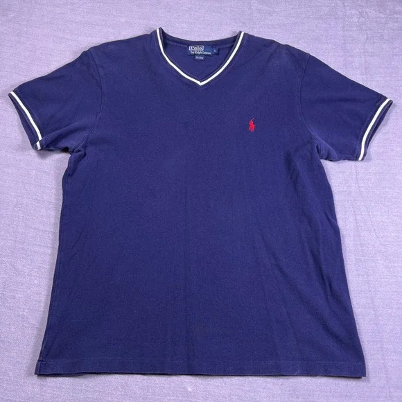 Polo Ralph Lauren Pique V-Neck Ringer Short Sleeve T-Shirt Mens Size L Blue