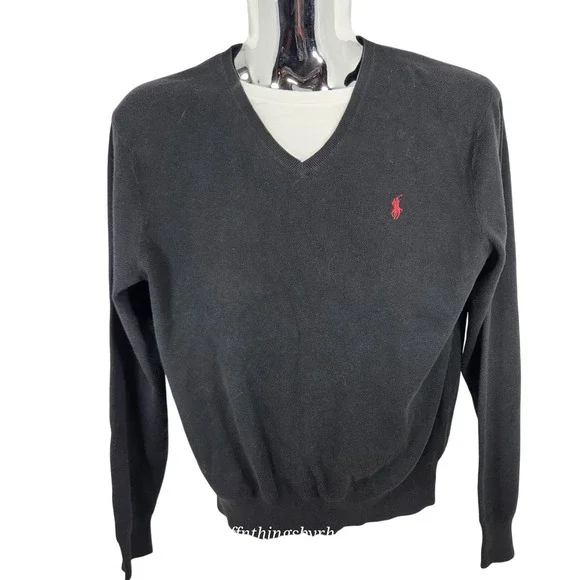 Polo Ralph Lauren Men Long Sleeve V-Neck PullOver Sweater Blk Pima Cotton Large‎