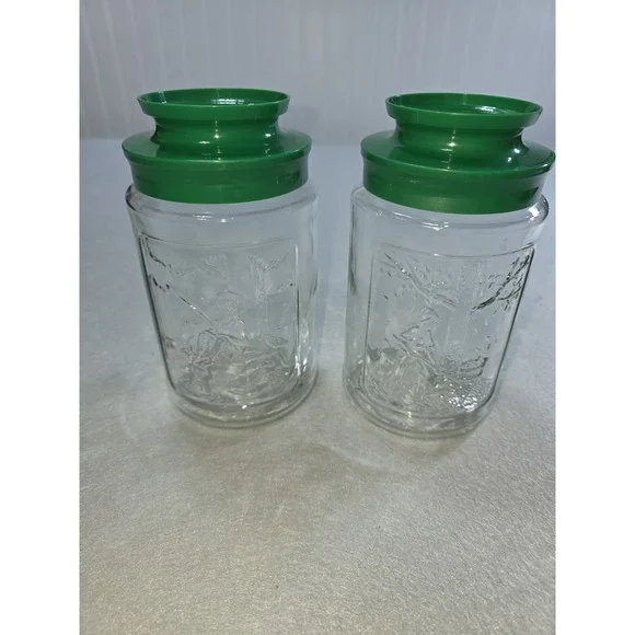 Set Of 2 Vintage Anchor Hocking Glass Canister Jars Green Plastic Lids