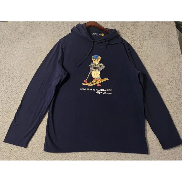 Polo Ralph Lauren Men Navy Blue Polo Bear Skiing Long Sleeve Hooded T-Shirt XL