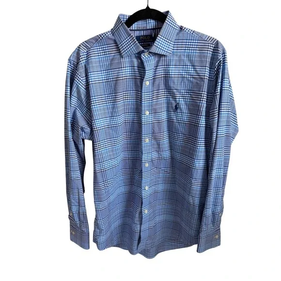 Polo Ralph Lauren Performance Plaid‎ Button Down Shirt Mens Size Large Blue