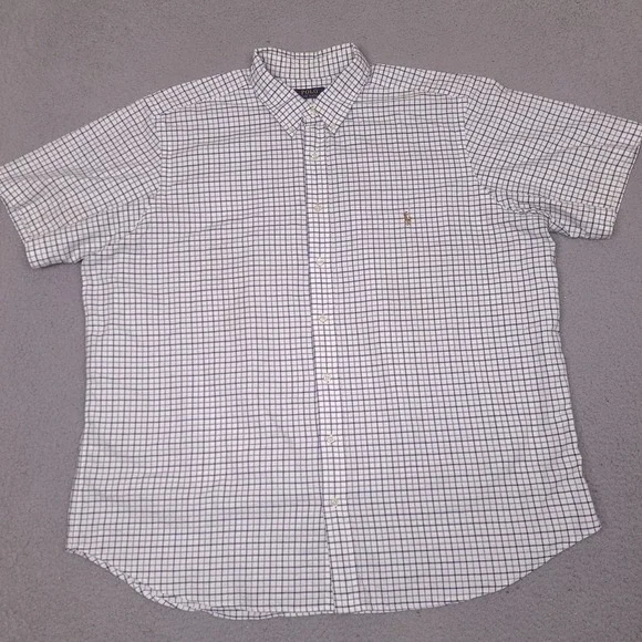 Polo Ralph Lauren Mens 2XB Shirt Short Sleeve Check Grid‎ Button Down White Blue