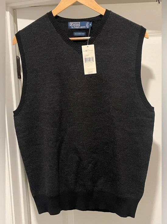 Polo Ralph Lauren 100% Merino Wool Sleeveless V-Neck Vest Medium NWT Charcoal