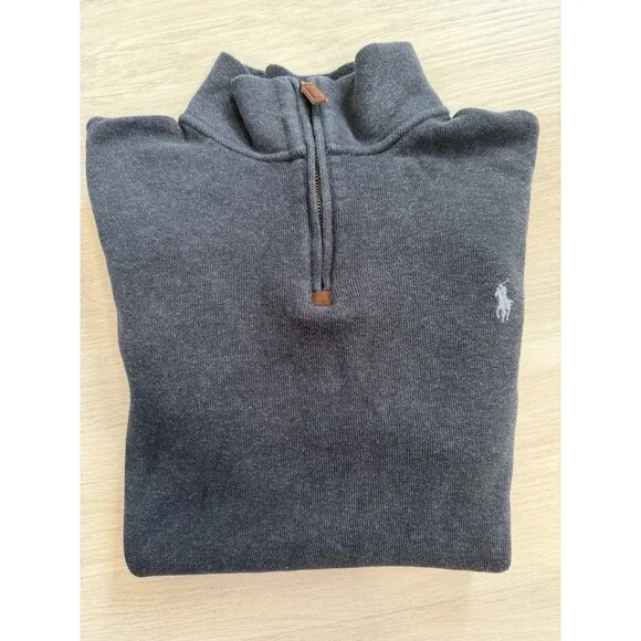 Polo Ralph Lauren Men L 100% Cotton Knit 1/4 Zip Mock Neck Sweater Gray Preppy