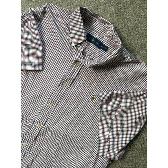 Polo Ralph Lauren‎ Mens Large Short Sleeve Plaid Button Up Shirt Cotton Red/Blue