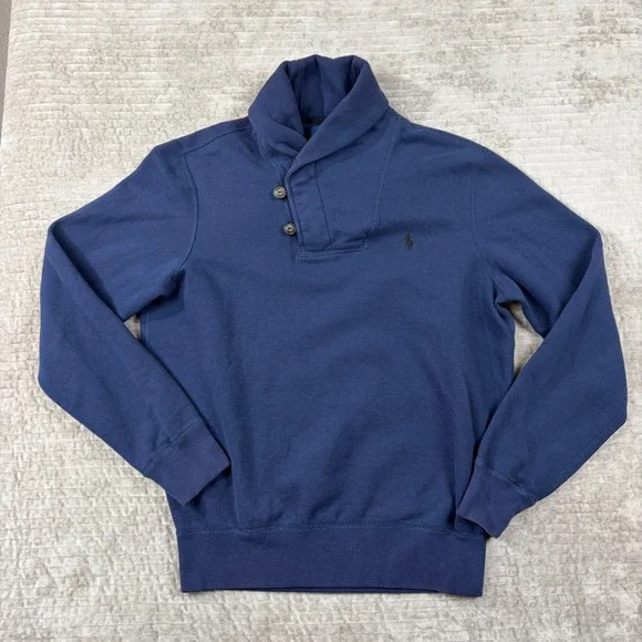 Polo Ralph Lauren Navy Blue Shawl Collar Button Zip Fleece Sweatshirt Size M‎