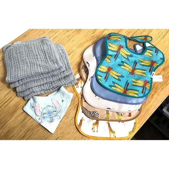 Baby Bib and Burp Cloth Bundle Disney Stitch Dragonfly Animal Prints 10pc Set
