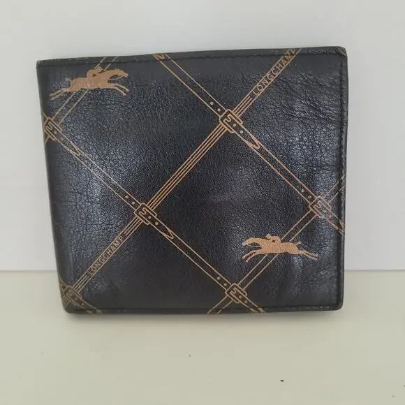 Longchamp Mens Wallet Brown‎ Bifold Leather Folding Medium Logo Vintage Designer