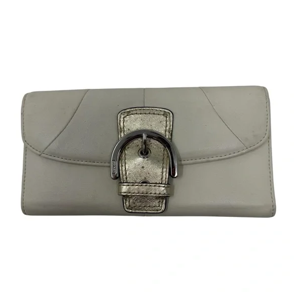 Coach Y2K Soho White with Gold Shimmer Leather Buckle Slim Envelope Wallet
