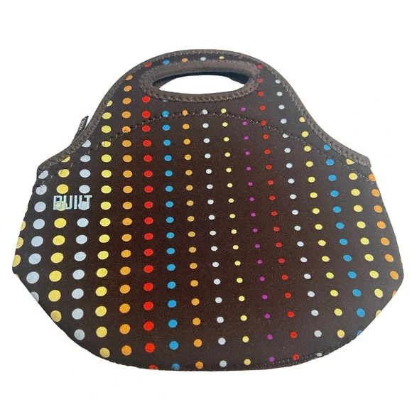 BUILT NY Gourmet Getaway Neoprene Lunch Tote Brown‎ Rainbow Polka Dot