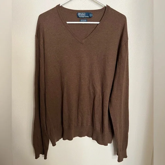 POLO RALPH LAUREN Cotton &‎ Cashmere Preppy V Neck Sweater Brown Men's Size XL