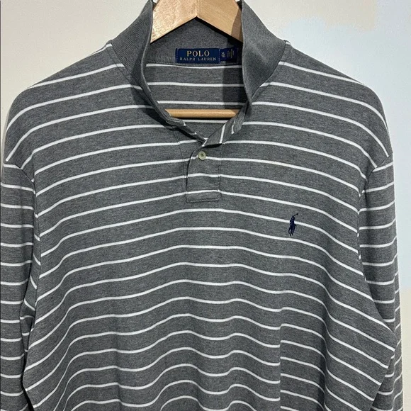 Polo by Ralph Lauren Men Long Sleeve Gray White‎ Stripe Polo Shirt Navy Logo XL