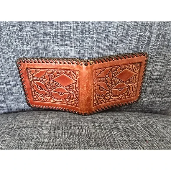 Vintage Hand Tooled Leather Bifold Wallet Western Floral Whipstitch Tan Brown