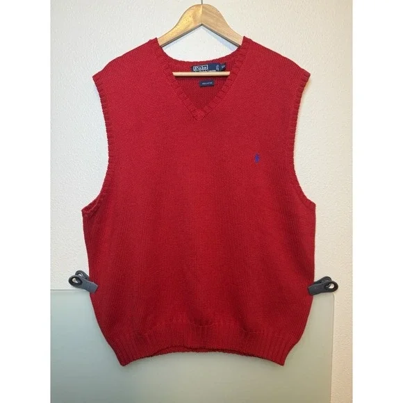VTG Polo Ralph Lauren Sweater Vest Red Preppy Ribbed V Neck Tennis Golf Vest XXL