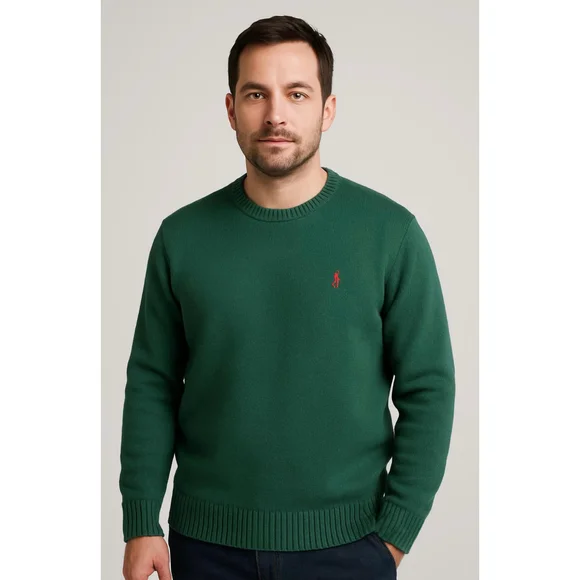 Men's Polo Ralph Lauren Green Crewneck Sweater Size Lg Red Logo Preppy Old Money