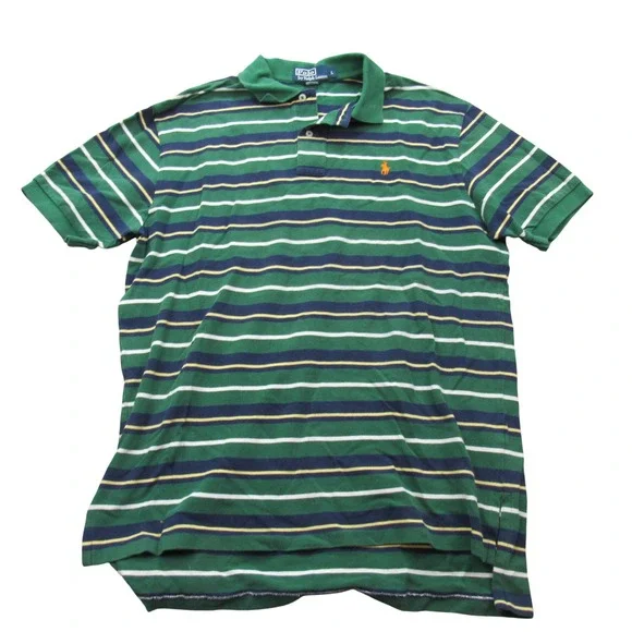 Polo Ralph Lauren Men's Striped Green Navy Yellow Short Sleeve Polo Shirt Size L