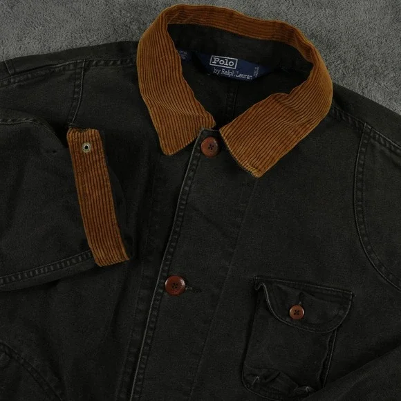 VTG Polo Ralph Lauren Chore Jacket Mens XL‎ Black Canvas Corduroy Trim Utility