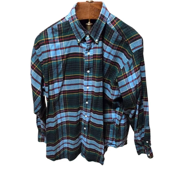 Polo Ralph Lauren Blake Plaid Flannel Cotton Button Blue Green Shirt Size XL