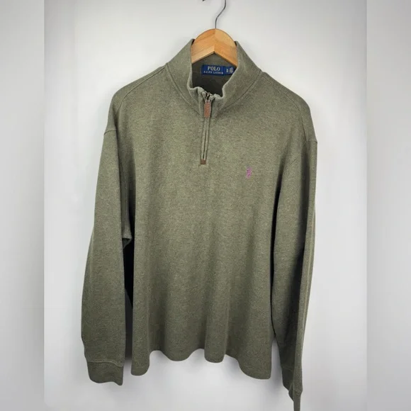 Polo Ralph Lauren Men’s‎ Olive Green 100% Cotton 1/4 Zip Sweater Purple Pony XL
