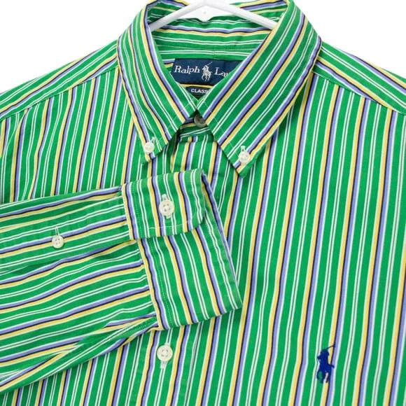 VTG Polo Ralph Lauren Mens Medium Green Stripe Classic‎ Fit LS Shirt