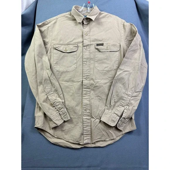 VTG Polo Ralph Lauren Men Tan Cotton Twill Work Shirt Utility Button Down Size M