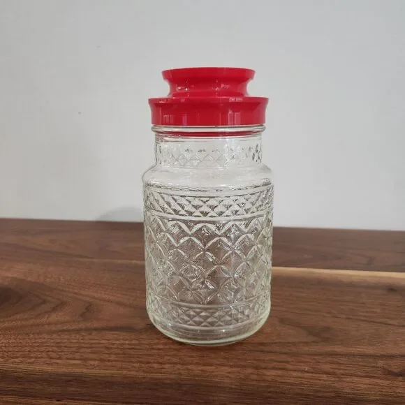 Anchor Hocking Vintage Glass Canister Jar Wexford Quilt Pattern Red Plastic Lid