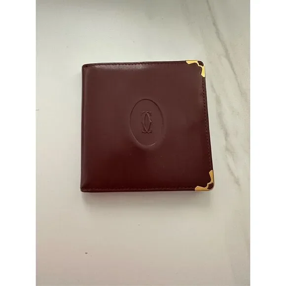 Cartier Leather Credit Card Slot Logo Bifold Coin Wallet Burgundy Red One Size