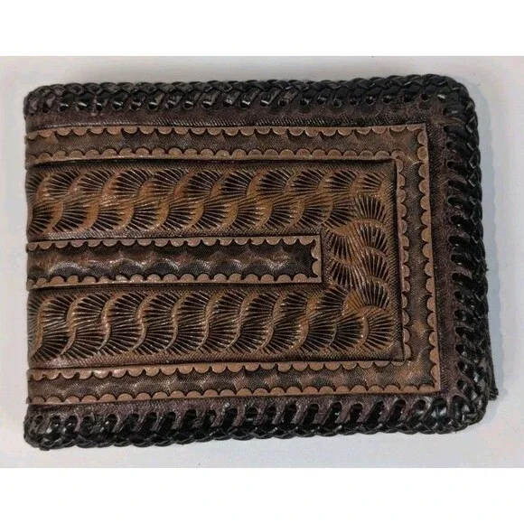 Vintage Hand Tooled Leather Bifold Wallet Western Floral Braided Edge Brown