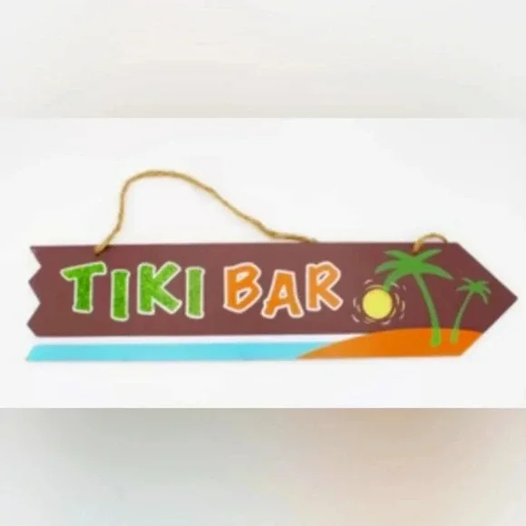 Wood Arrow Directional TIKI BAR Palm Tree Hanging Sign 16” x 3.5”