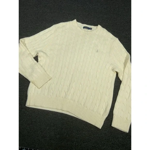 Polo Ralph Lauren Cable Knit Sweater Men's XL Cream Ivory Preppy Crewneck Pony