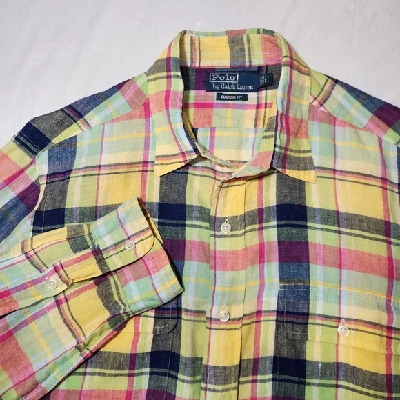 Polo Ralph Lauren Mens 100% Linen Large Long Sleeve Shirt Multicolor Plaid‎