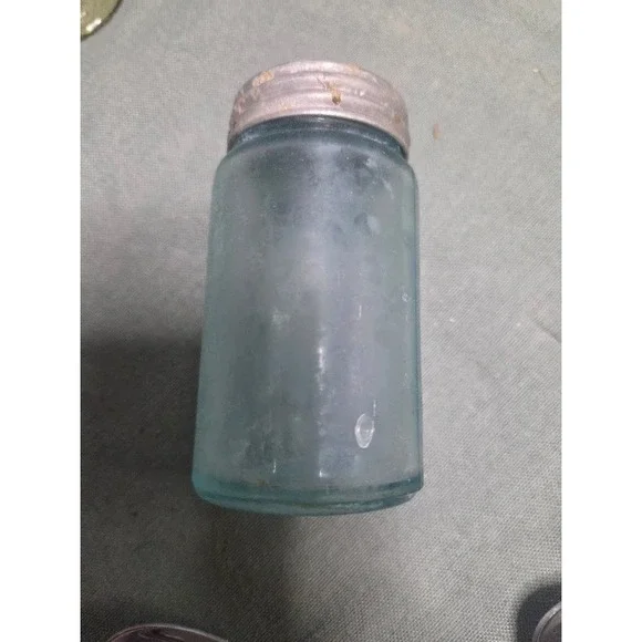Vintage Aqua Blue Glass Jar with Metal Zinc Screw Lid Small Apothecary Bottle