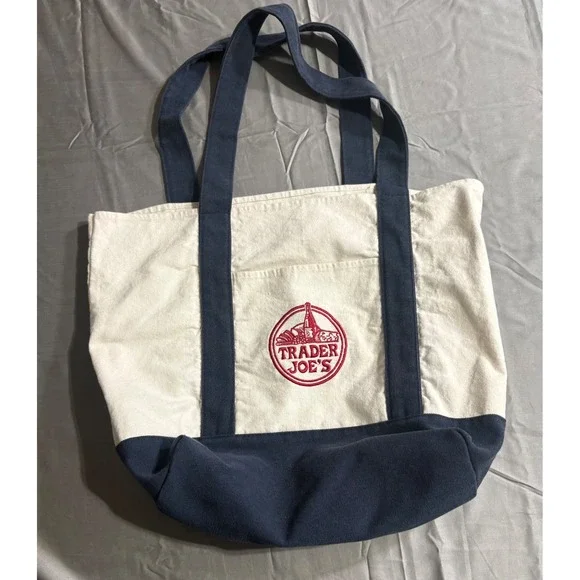 Trader Joe's Canvas Tote Bag Navy Blue Cream Embroidered Logo Reusable t1704