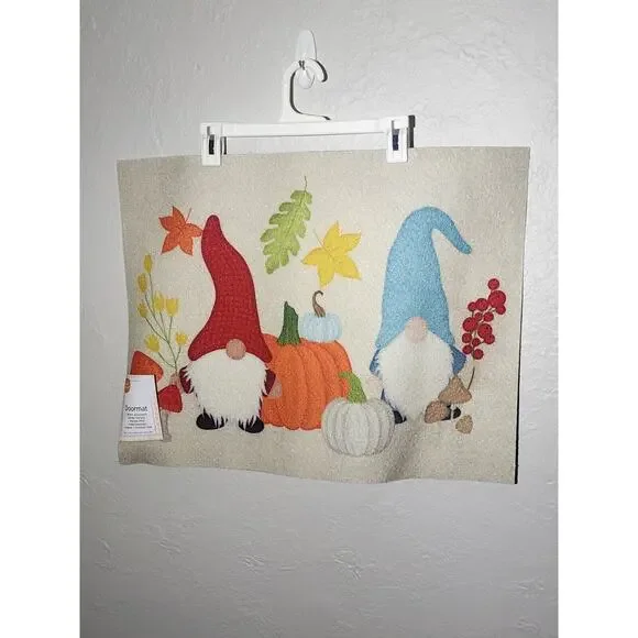 Perfect Harvest Fall Garden Gnomes Doormat Rug indoor/outdoor 18/24”New