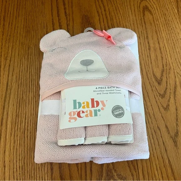 Baby Gear Pink Bear Hooded Towel & Washcloth Set
