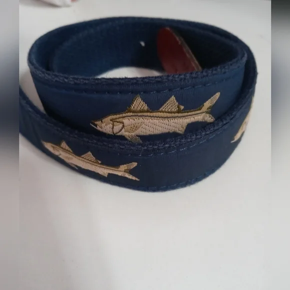Leather Man Fish Leather and Navy blue Canvas belt Brass buckle 34