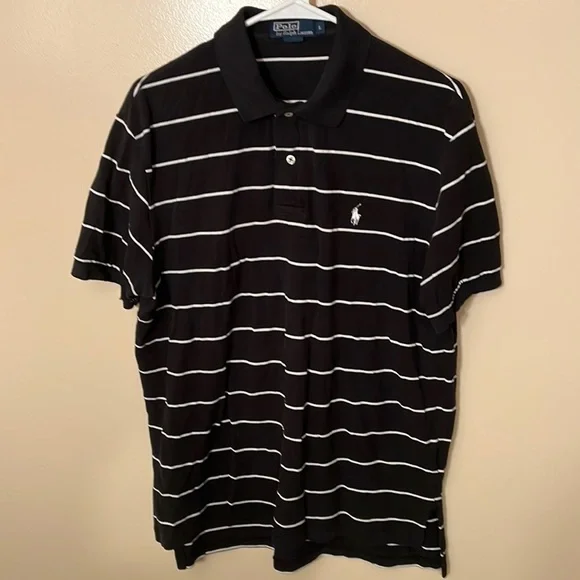 Polo Ralph Lauren Mens Black/White Striped Polo Sz L