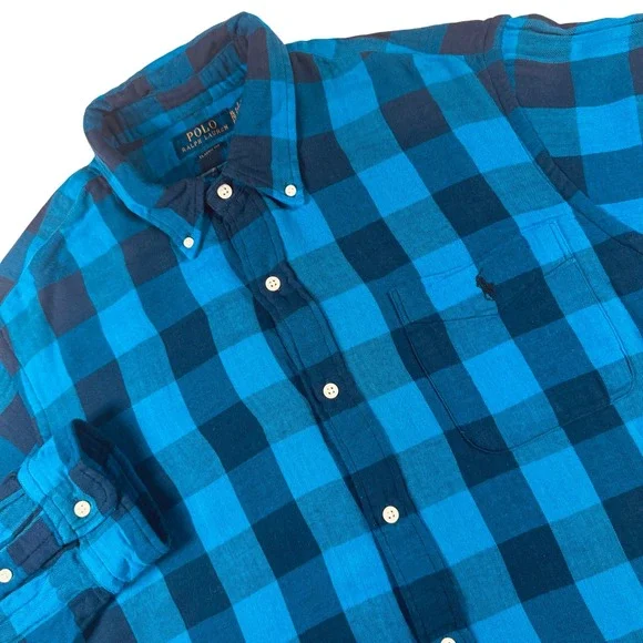 Polo Ralph Lauren Buffalo Check Flannel Shirt Mens XL Blue Plaid Classic Fit