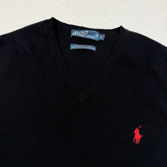 Polo Ralph Lauren Men Sweater Vest Large 100% Pima Cotton V-Neck Black Excellent