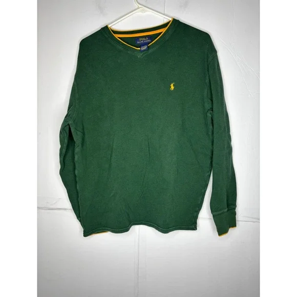 Polo Ralph Lauren Mens XL Green Waffle‎ Knit Thermal Shirt Yellow Trim V-Neck