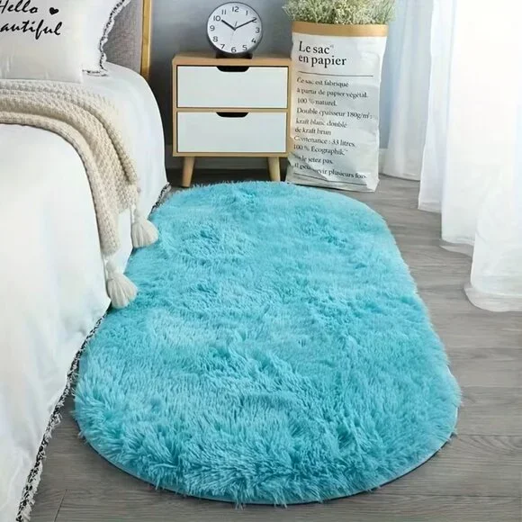 Blue Oval Fuzzy Rug