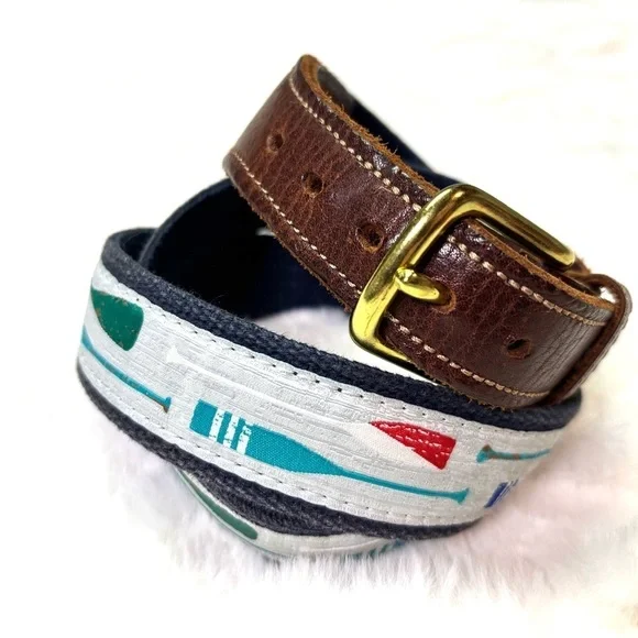 Preston Men’s Boating Oar Navy Blue Belt with Brown Leather And Gold Buckle 34”