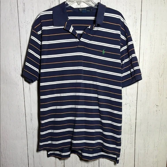 Polo Ralph Lauren Navy Blue Multi Color Stripe Collared Logo Polo Size XL