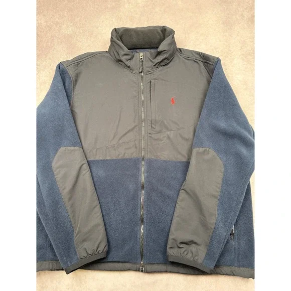 VTG Y2K Polo Ralph Lauren Polartec Fleece Jacket Men XXL Navy Gray Full Zip Hood