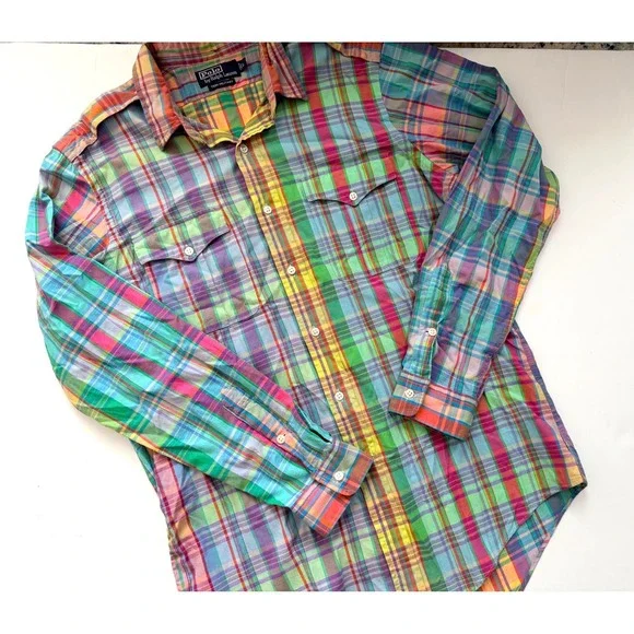 Polo Ralph Lauren Trim Military Madras Plaid Shirt Mens Large Multicolor Cotton